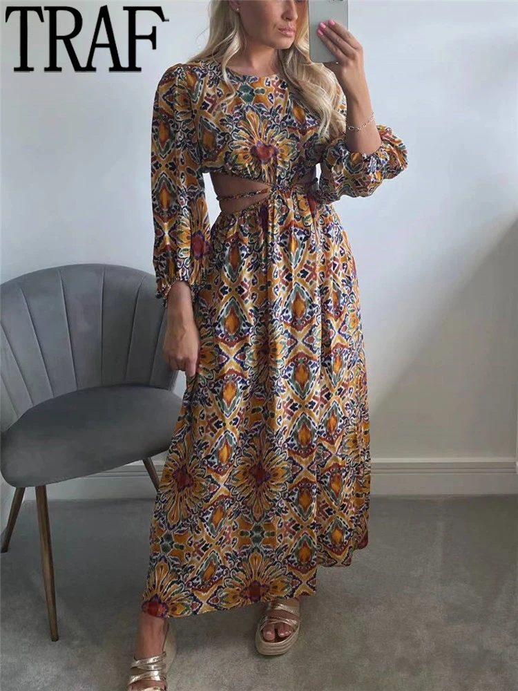 

TRAF 2022 Print Cut Out Long Dress Women Boho Backless Dress Woman Puff Sleeve Sexy Summer Dresses Midi Holiday Beach Dresses