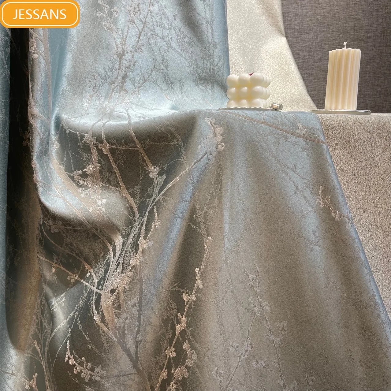 

2023 New New Crystal Blue Light Luxury High Precision Leaf Jacquard Curtains for Living Room Bedroom Custom Finished Product