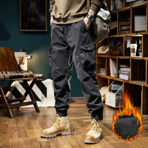 Новинка 2023, зимние брюки-карго, мужские комбинезоны с несколькими карманами и флисовой подкладкой на завязках, толстые теплые комбинезоны, джоггеры, повседневные хлопковые термобрюки - изображение