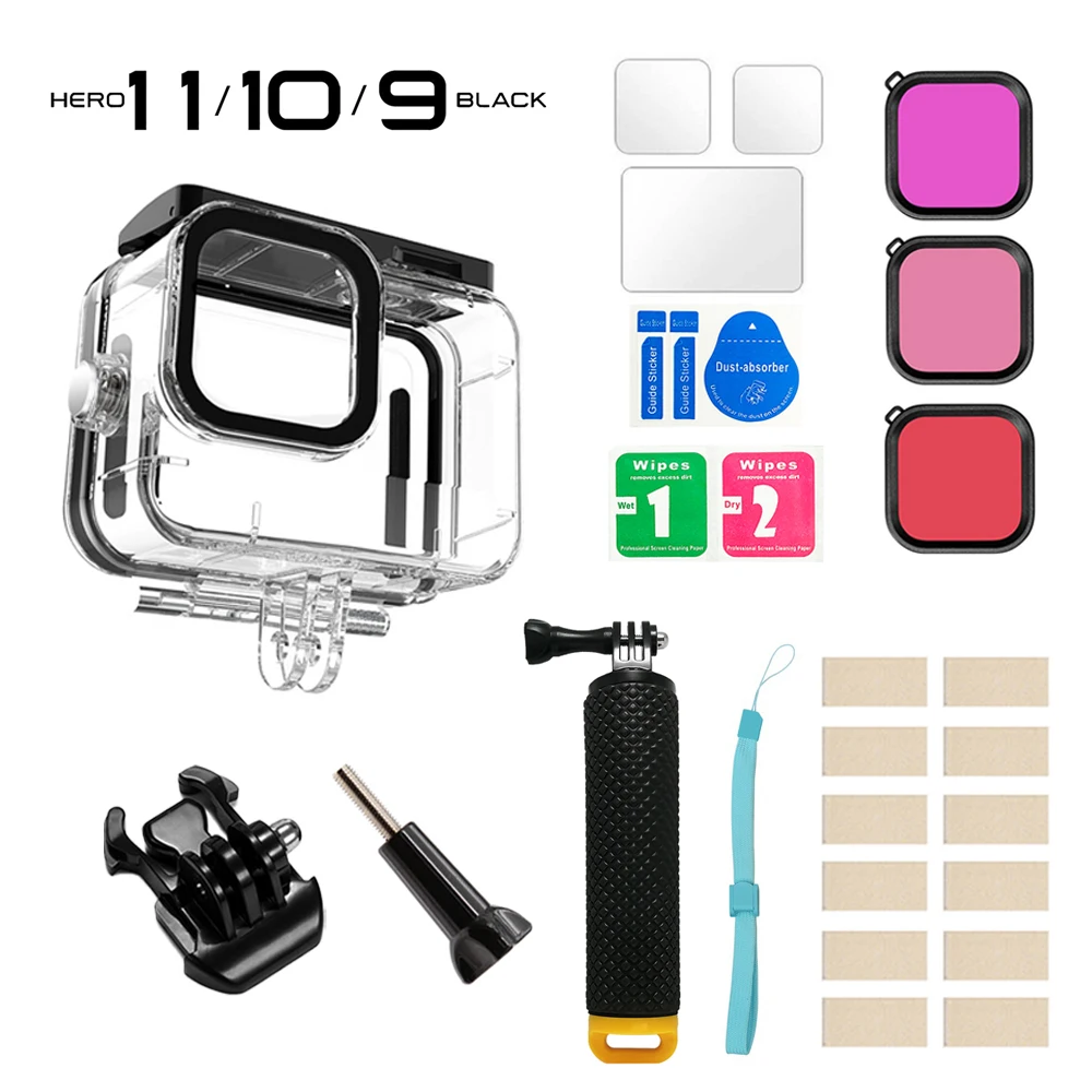

Waterproof Case for GoPro Hero 11 10 9 Black Housing with Anti Fog Inserts Temepered Glass Screen Protector Floating Hand Grip