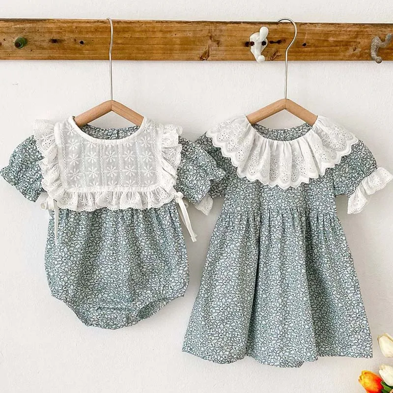 

Dress Baby Girl Summer Floral Short Sleeves Girls Dress and Baby Romper Sister Matching Outfit Infant Children Cotton Clothing