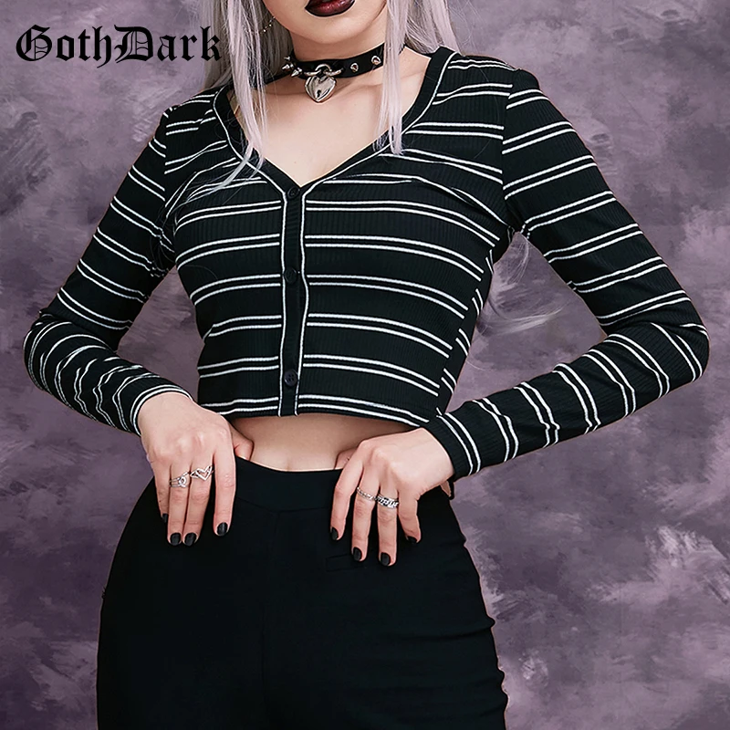 

Goth Dark Women Striped Mall Gothic Aesthetic Casual T-shirts Grunge E-girl Button Up Cardigans Black Long Sleeve Alt Clothing