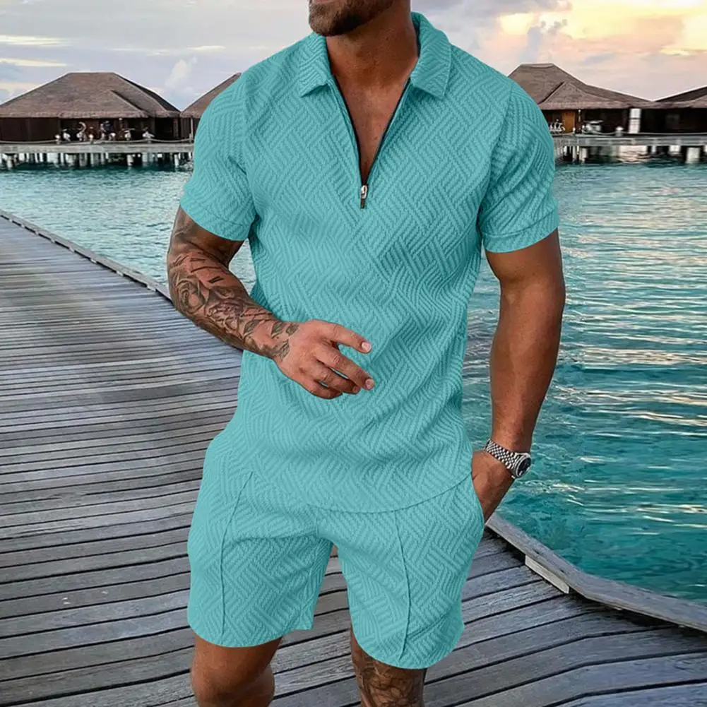 

2 Pcs/Set Men Tracksuit Animal Short Sleeves Loose Type Zipper Lapel Men Top Shorts Set Summer Sportswear Male Clothing