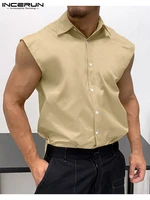 2022 men casual shirt cotton lapel sleeveless solid color leisure camisas streetwear button fashion men clothing s 5xl incerun