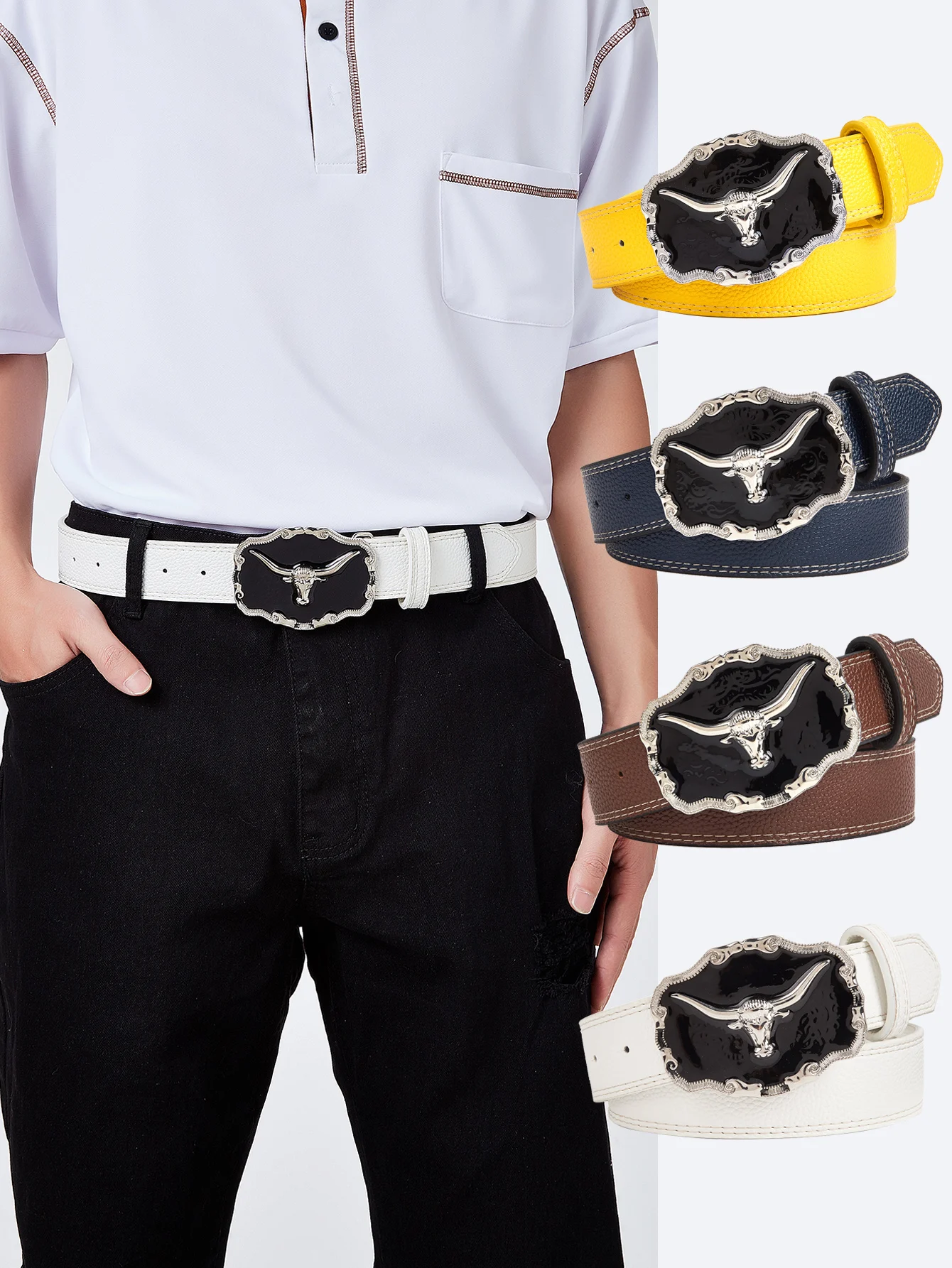 1 шт. мужской ретро-модный черный ремень с металлической пряжкой и головой быка