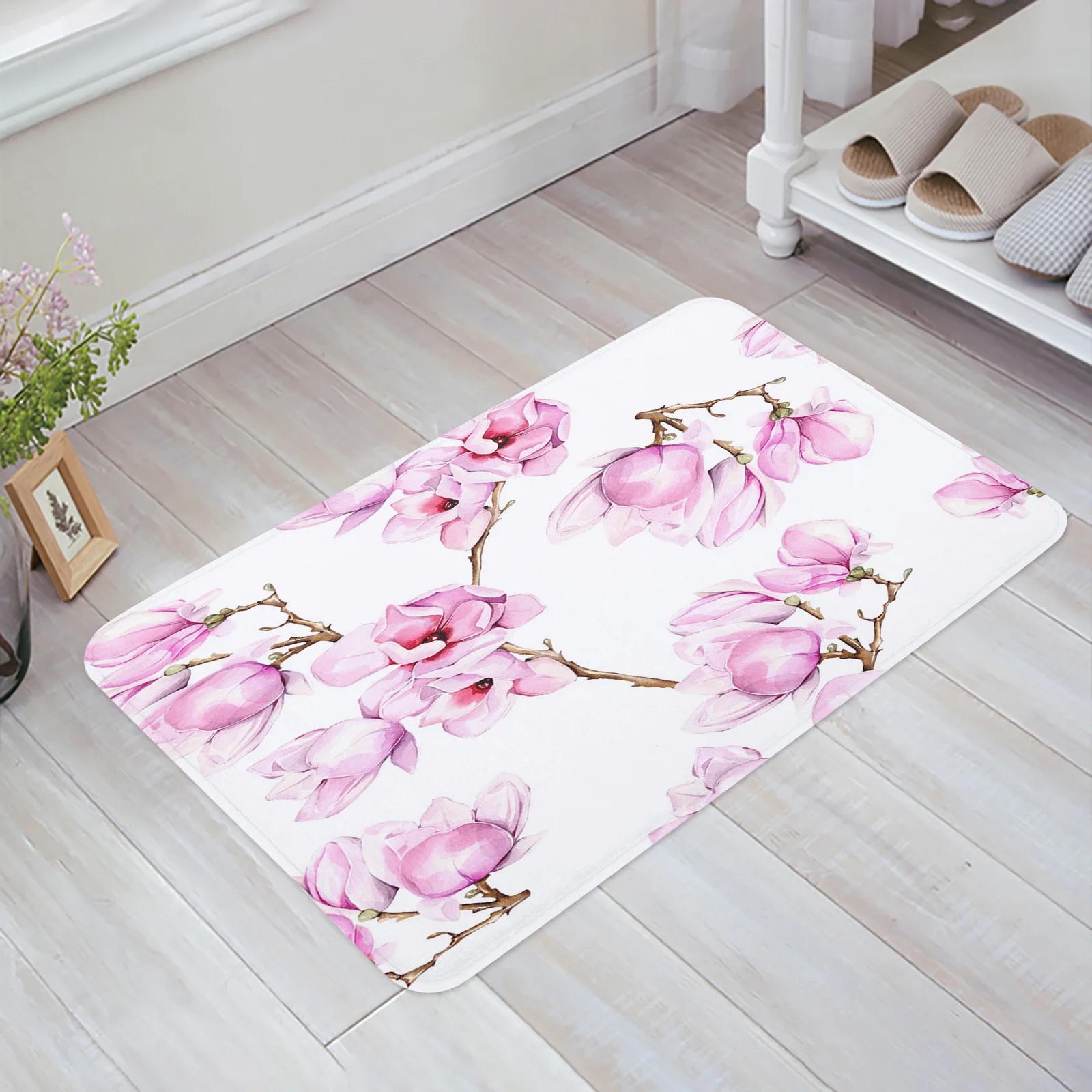 

Pink Flowers Orchid Branches Floor Mat Entrance Door Mat Living Room Kitchen Rug Non-Slip Carpet Bathroom Doormat Home Decor