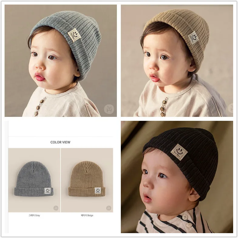 Smiling Face Children's Hat Spring and Autumn Baby Sleeve Cap Knitted All-Matching Boys and Girls Warm Hat Baby Toque