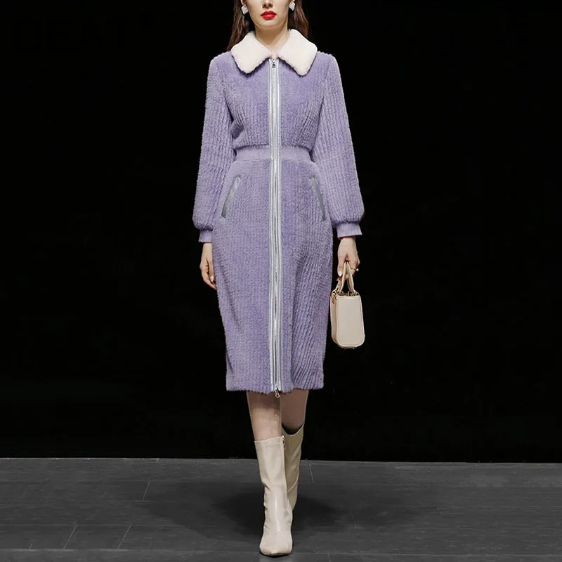 COZOK Woman Mink Plush Jackets Lapel Full Sleeve Slim Waist Casual Style Elegant Super Long Outcoat  2022 Winter Fashion