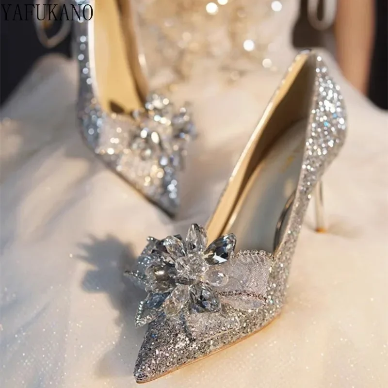 

Модные блестящие женские туфли-лодочки с бантом и кристаллами, привлекательные элегантные женские туфли на высоком каблуке с острым носком и блестками