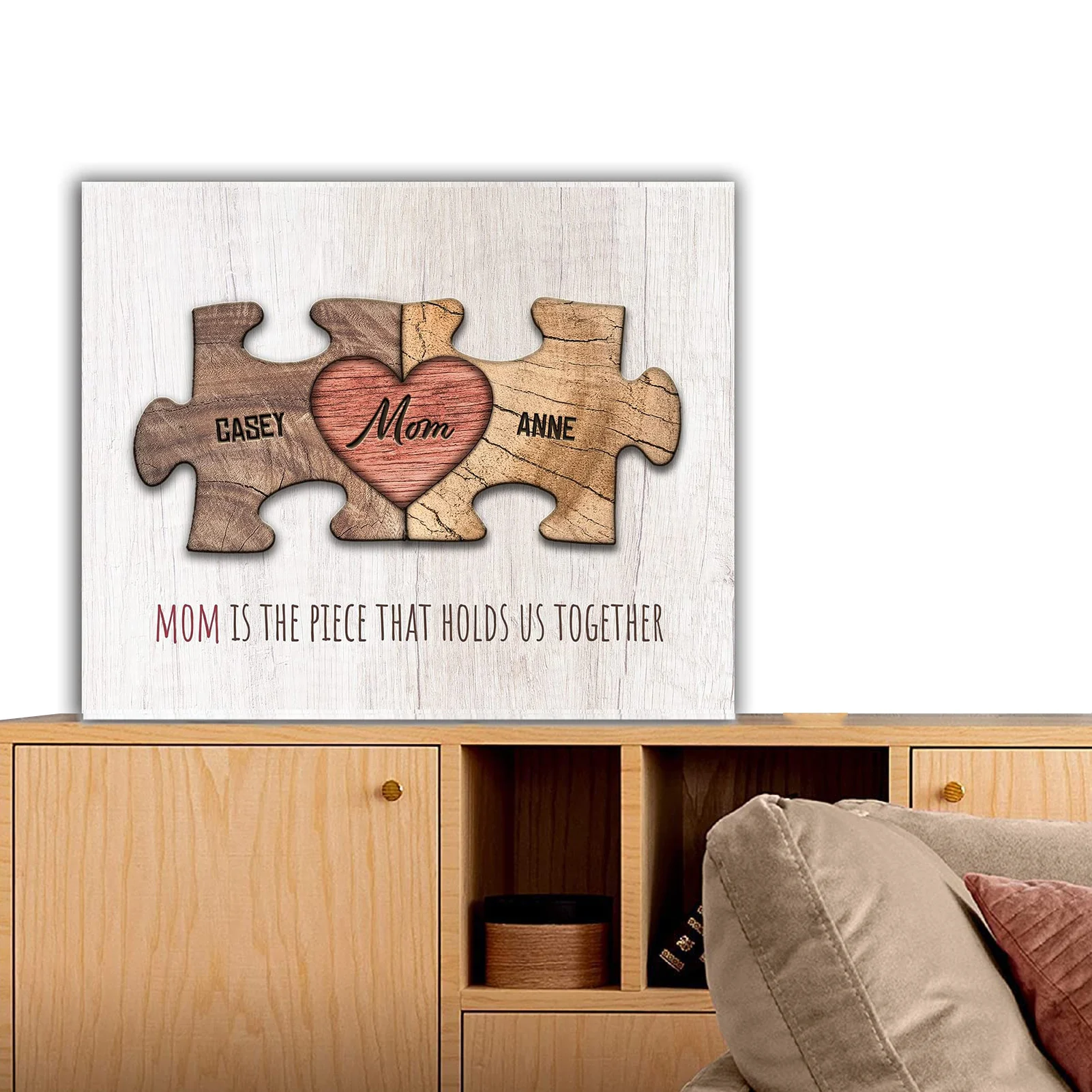 

Mom&Children Heart Puzzle Pieces-Personalized Your Name Poster Custom Prints High-Quality Wooden Art Family Home Decor Gift