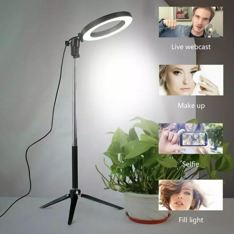 

Five In One 20cm LED Live Dimmable Ring Light Set Retractable Photography Selfie Tripod Universal 360° Rotatable Tripod Clip