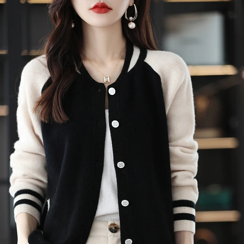 Ladies Cashmere/Wool Cardigan Korean Style Fashion Stitching V-Neck Knitted Soft Sweater Jacket Warm Casual Loose Elegant Jacket