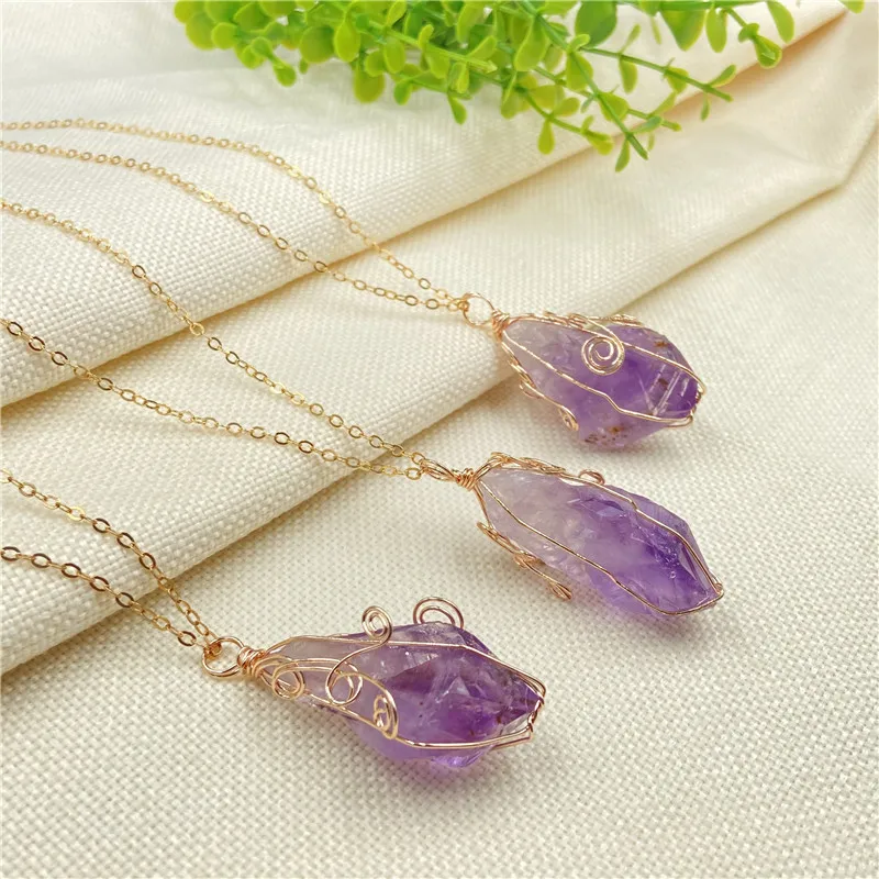 

Fashion Handmade Copper Wire Wrapped Amethyst Raw Stone Pendant Necklace For Women Men Couples Gift Semi-precious Stone Jewelry
