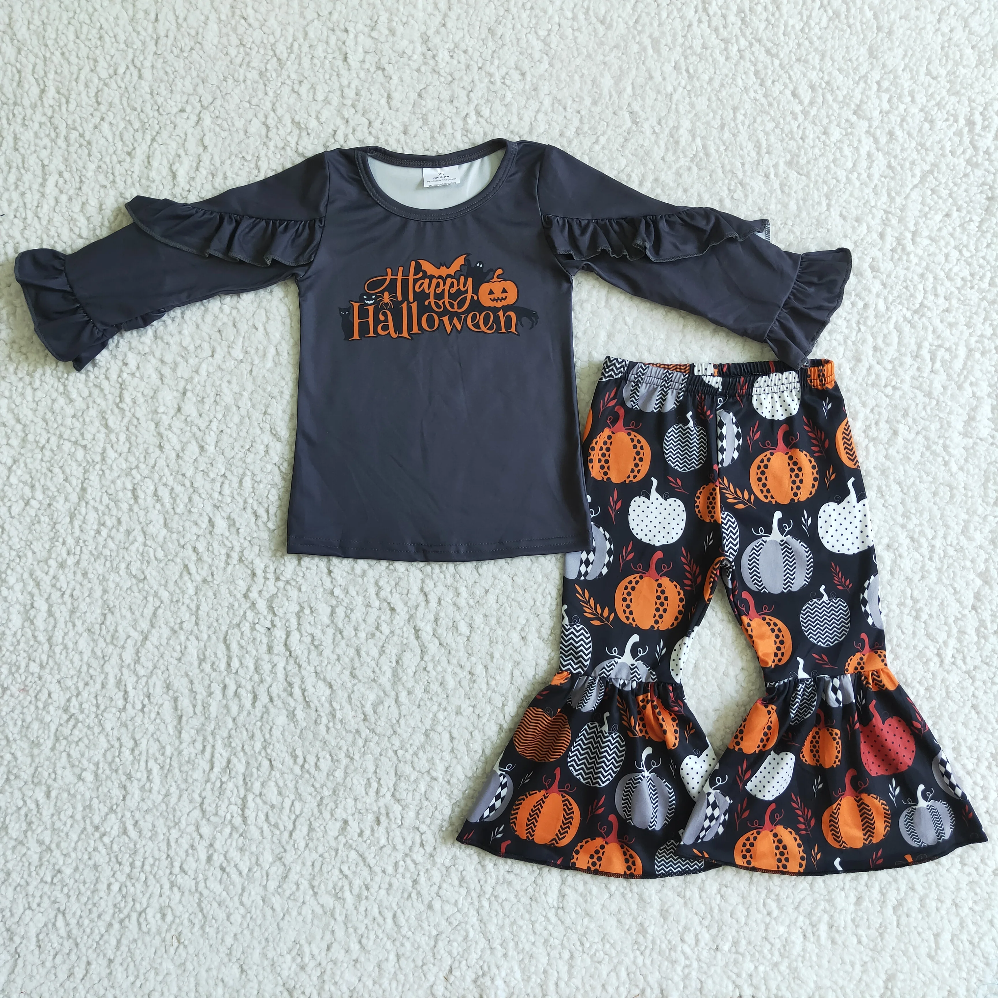 

Wholesale happy halloween girls black long sleeve top t shirt pumpkin bell bottom outfits