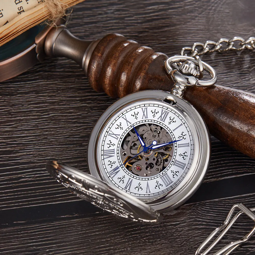 Vintage Retro Mechanical Pocket Watch Sliver Old Train Carved Engraved Watch Bronze Fob Chain Necklace Hand Winding Men Women