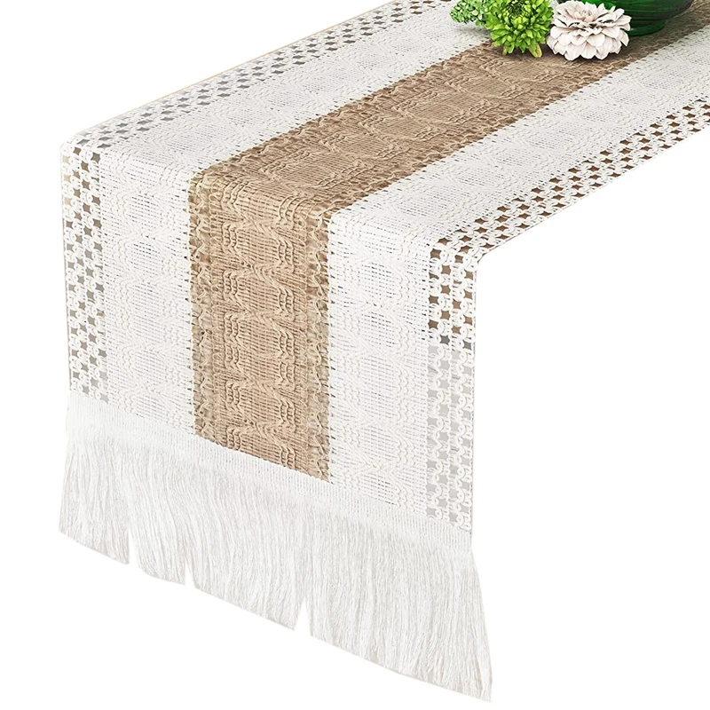 

Boho Table Runner Farmhouse Table Runners Splicing Rustic Nature Burlap Table Runner With Tassels For Home Dining Decor