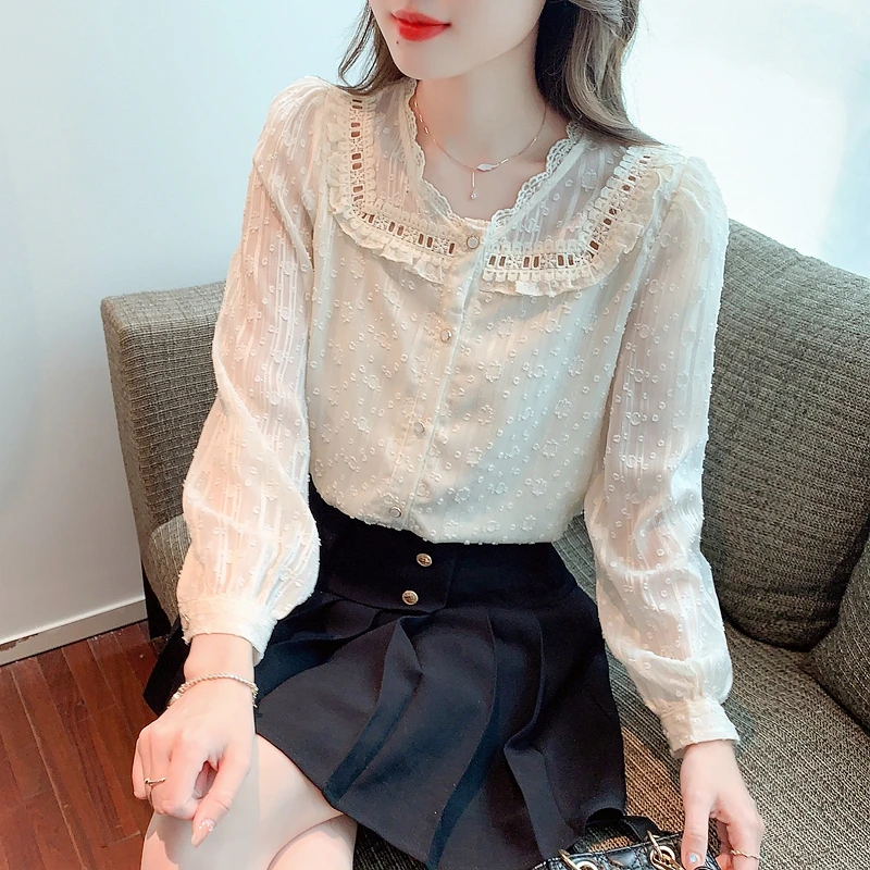 

Женская кружевная блузка с длинными рукавами, Повседневная Блузка с вырезами и кукольным воротником, весна-осень 2023