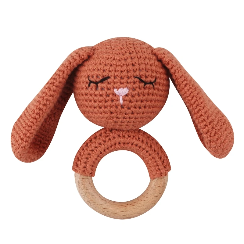 

D7YD Baby Rattle Safe Wooden Toy Mobile Pram Crib Ring DIY Bunny Crochet Rattle Soother Bracelet Teether Handbell Baby Gifts