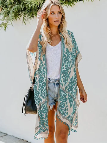 Женский кардиган-кимоно в богемном стиле, Повседневная Блузка с открытым спереди и рукавом, с принтом, A367, 2023