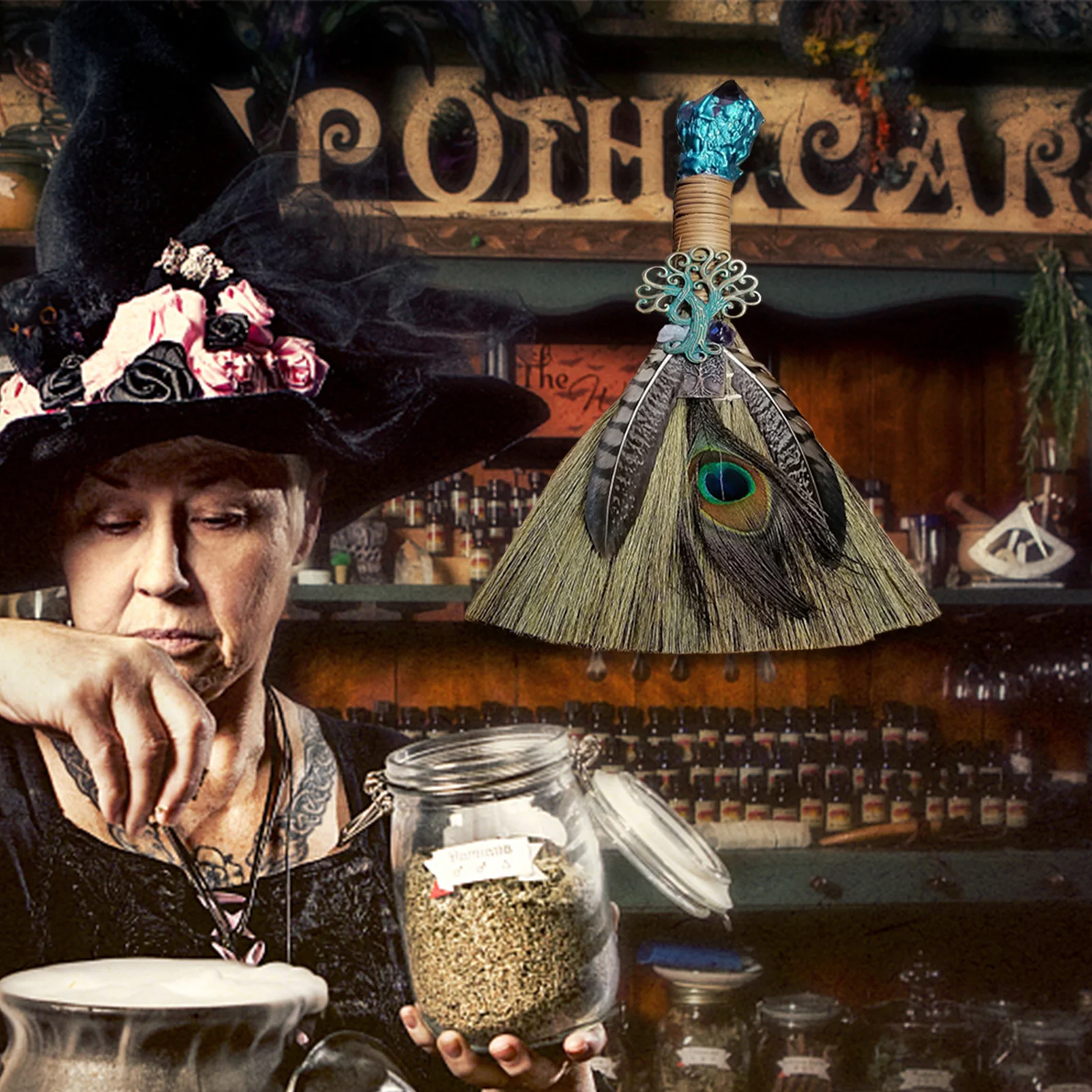 Ведьмы алтарь метла ведьма мискантус Besom украшенная аметистом кристаллом