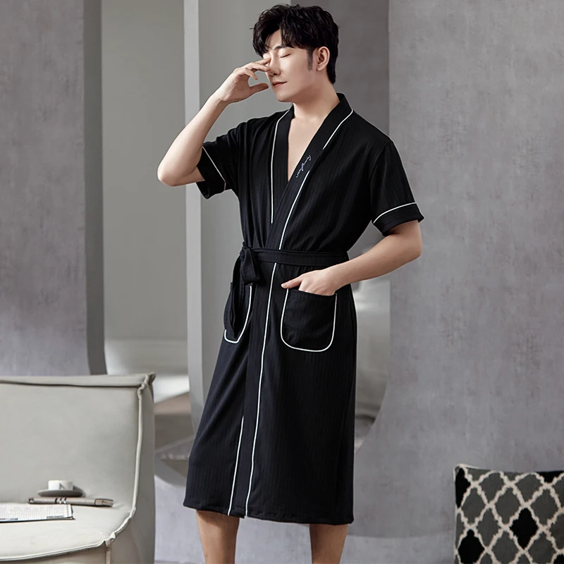 

Big Yards L - 4XL Pajamas Mens Full Pure Cotton Knited Robes Sexy V-Neck Short Sleeve Bathrobe Male Solid Color Nightgown Lounge