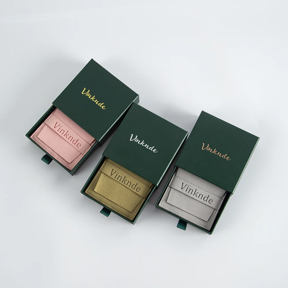 Custom Logo Printed Microfiber Suede Pouch Jewellery Box Sliding Drawer Paper Cardboard Boxes Case Earrings Rings Packaging Bag