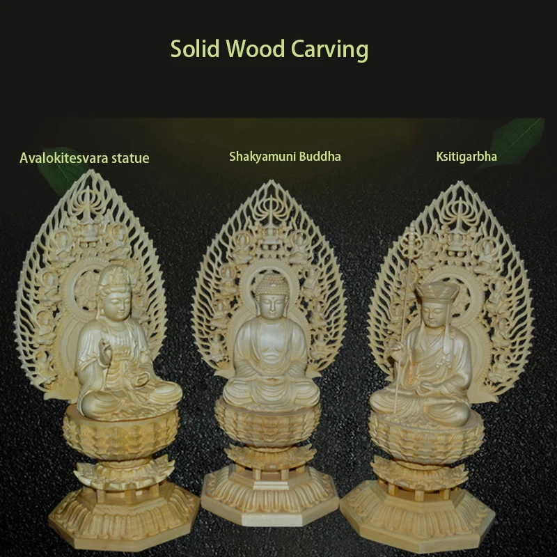 

solid wood carving Avalokitesvara, Ksitigarbha, Shakyamuni Buddha Buddhist statue，Home Decor Feng Shui Statue 28cm