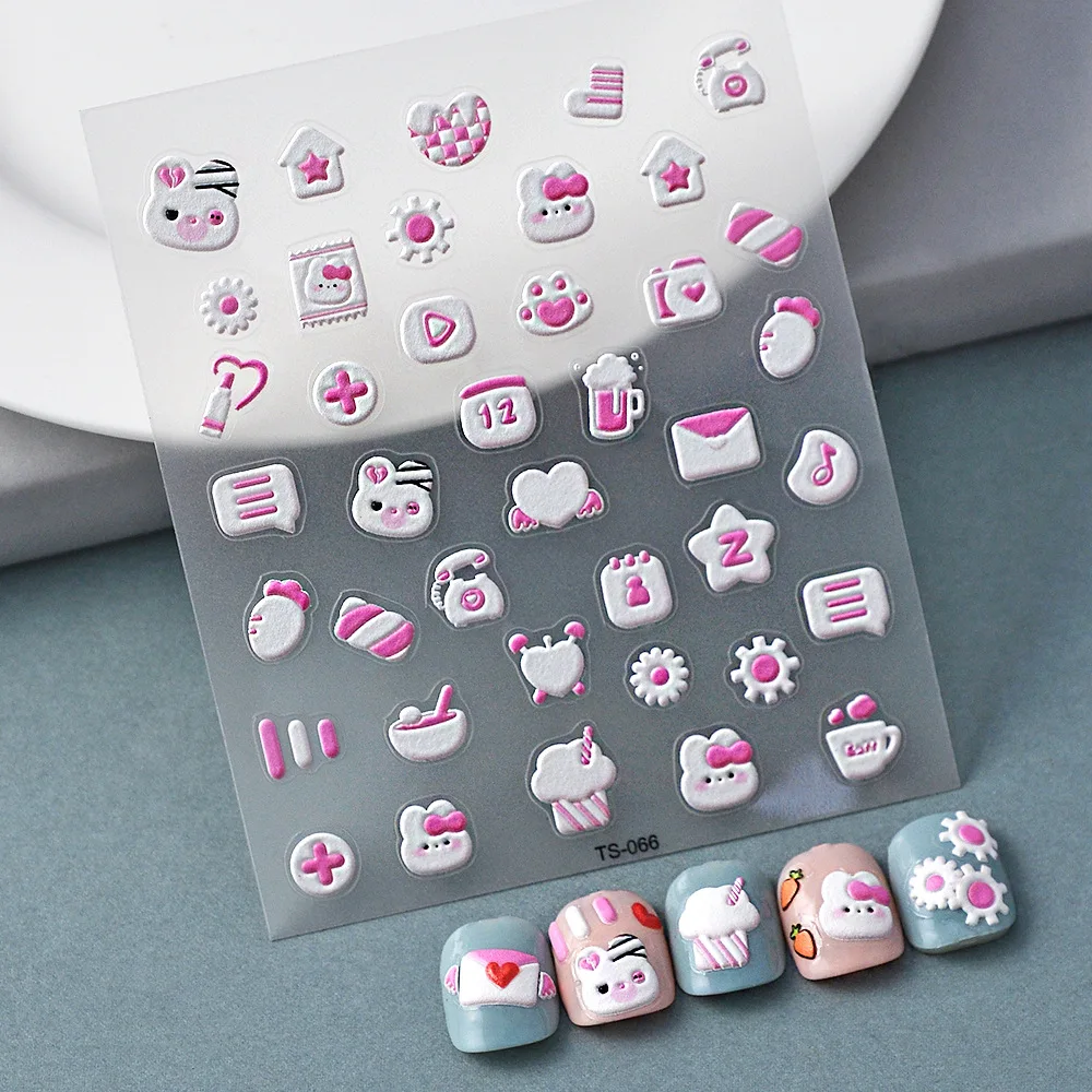 

White Series Embossed Nail Art Stickers 5D Cute Bunny Pattern Design Decor Ultra Thin Charm Sliders Manicure Decals Nails Tips