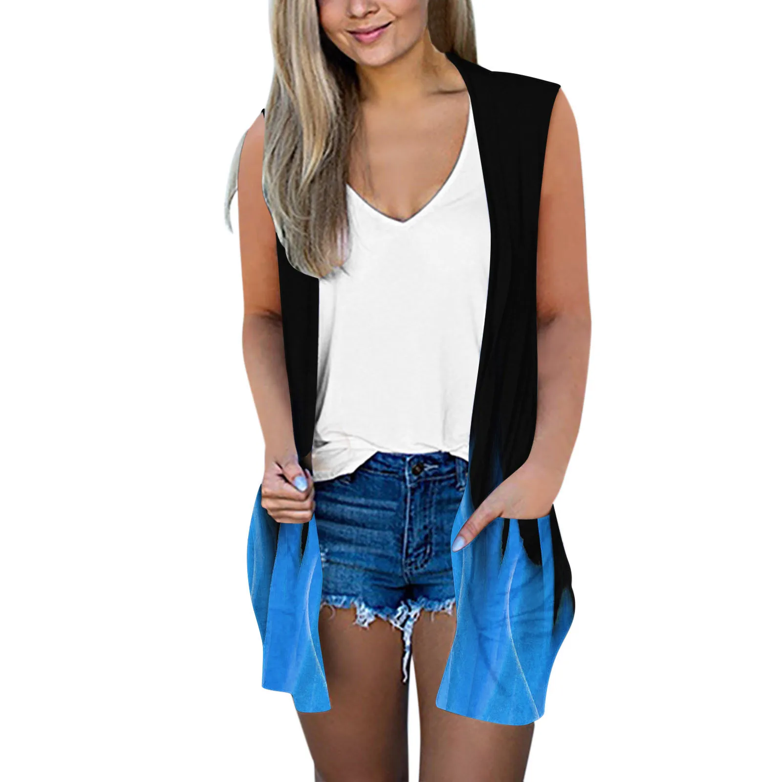 

Women Casual Printing Coat Open Front Lightweight Cardigan Sleeveless Loose Outwear With Pockets Women Oversized Cardigan
