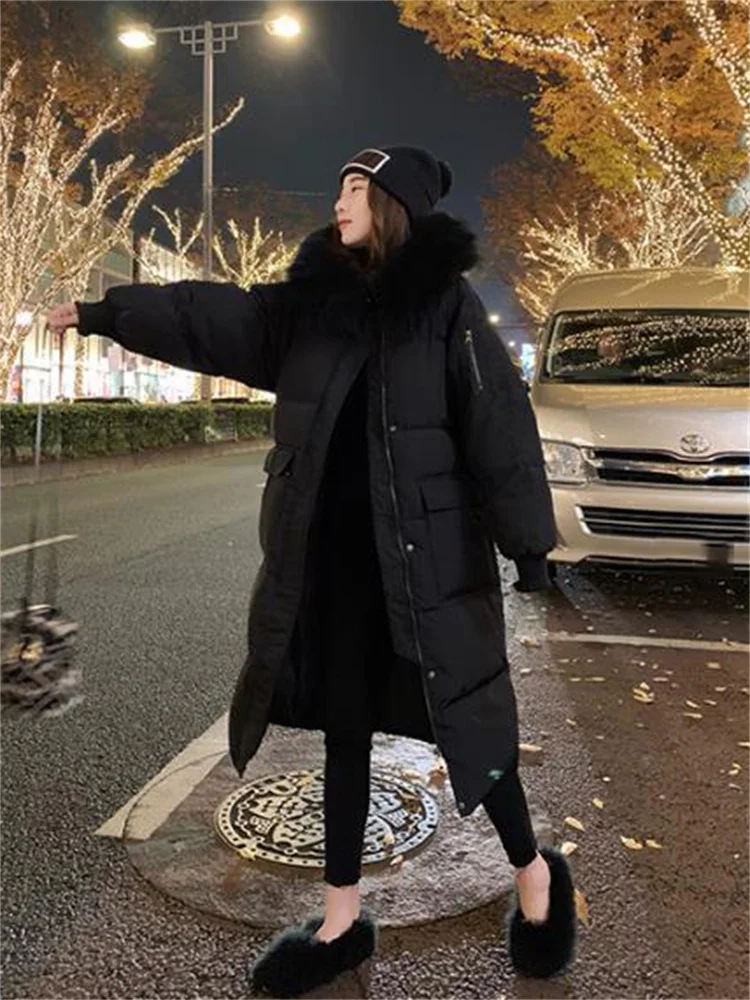 Down Cotton Coat Women Thick Warmth Big Fur Hooded Parkas 2022 Winter New Korean Temperment Purple Black Long Sleeve Clothing