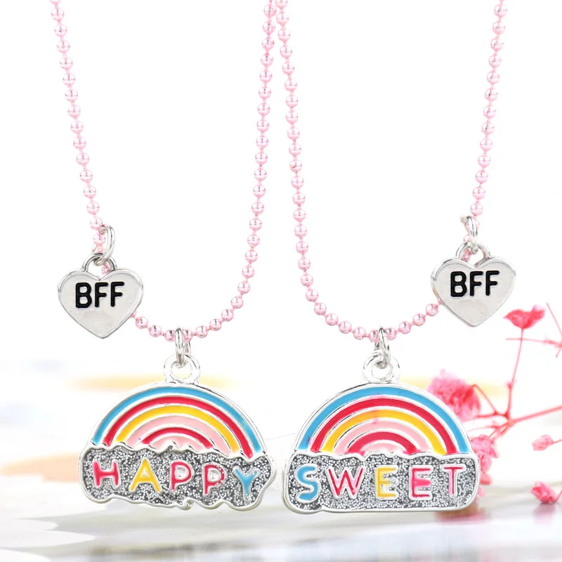 

Lovecryst 2pcs/set Rainbow Cloud Dripping Oil Necklace Color Cartoon BFF Necklace Alloy for Kids Girls Fashion Friendship Gifts