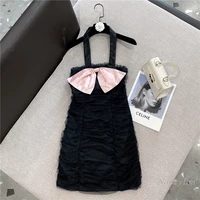 sweet bow sexy halter mesh dress for women 2022 summer new french style temperament slim fit backless party dresses lady clothes