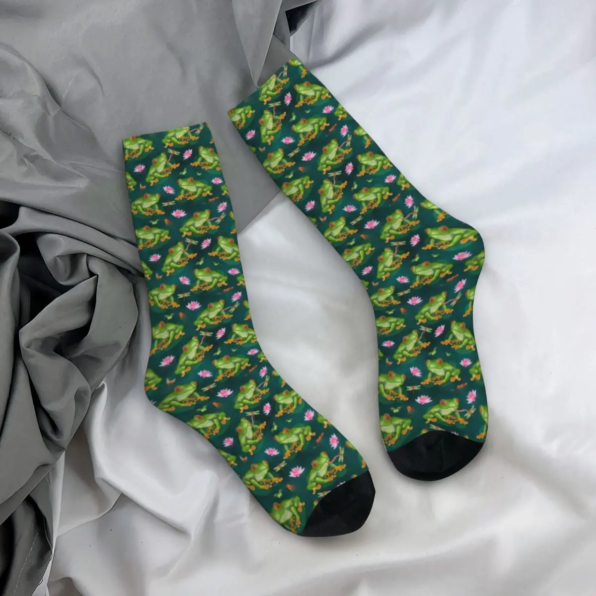 

Tropical Frog Print Socks Lily And Fish Pond Durable Novelty Mid Stockings Large Chemical Fiber Teen Bed Socks