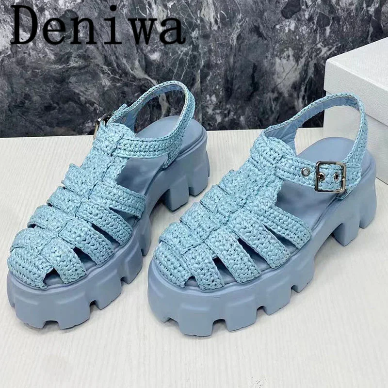 

2023 New Arrive Women Gladiator Sandals Runway Designer Braid Buckle Strap Platform Height Increasing Ladies Flat With Sandalies