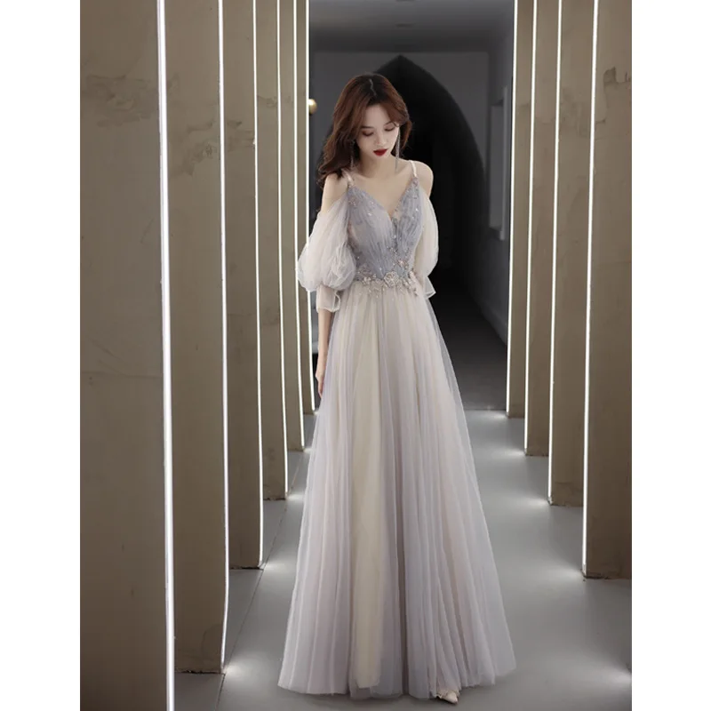 Banquet evening dress women 2022 new temperament host dress fairy long sleeve vocal art test long dress
