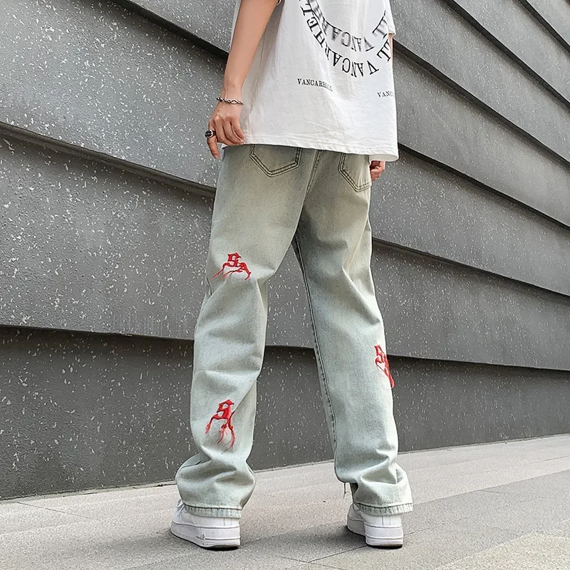 DEEPTOWN Y2K Embroidered Straight Jeans Men Retro Red Letter Loose Denim Pants Casual Hip Hop Trousers Male Streetwear Fashion