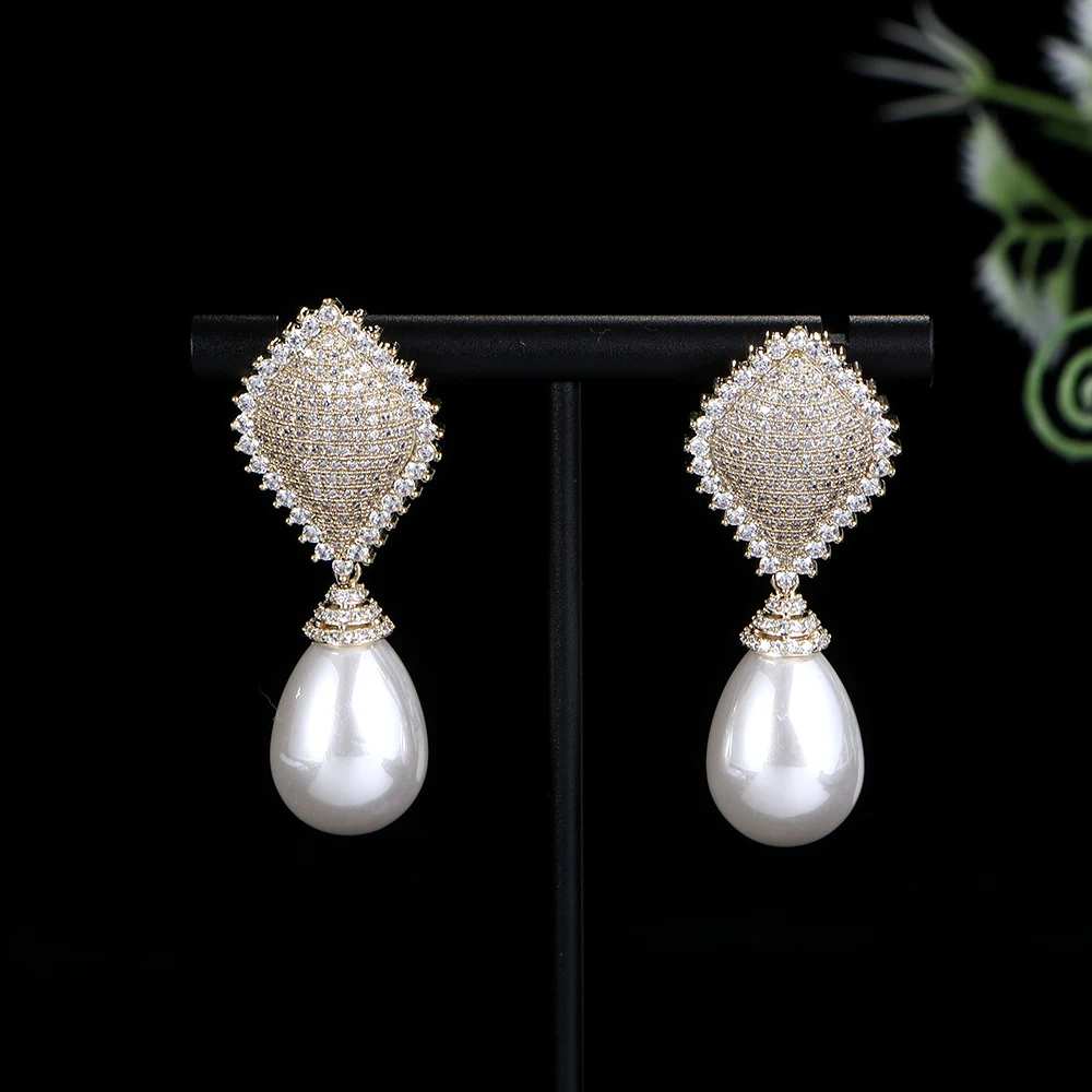 

Luxury Classics Pearl Waterdrop Earrings For Women Wedding Cubic Zirconia Dubai Bridal Earrings Costume Jewelry A0126