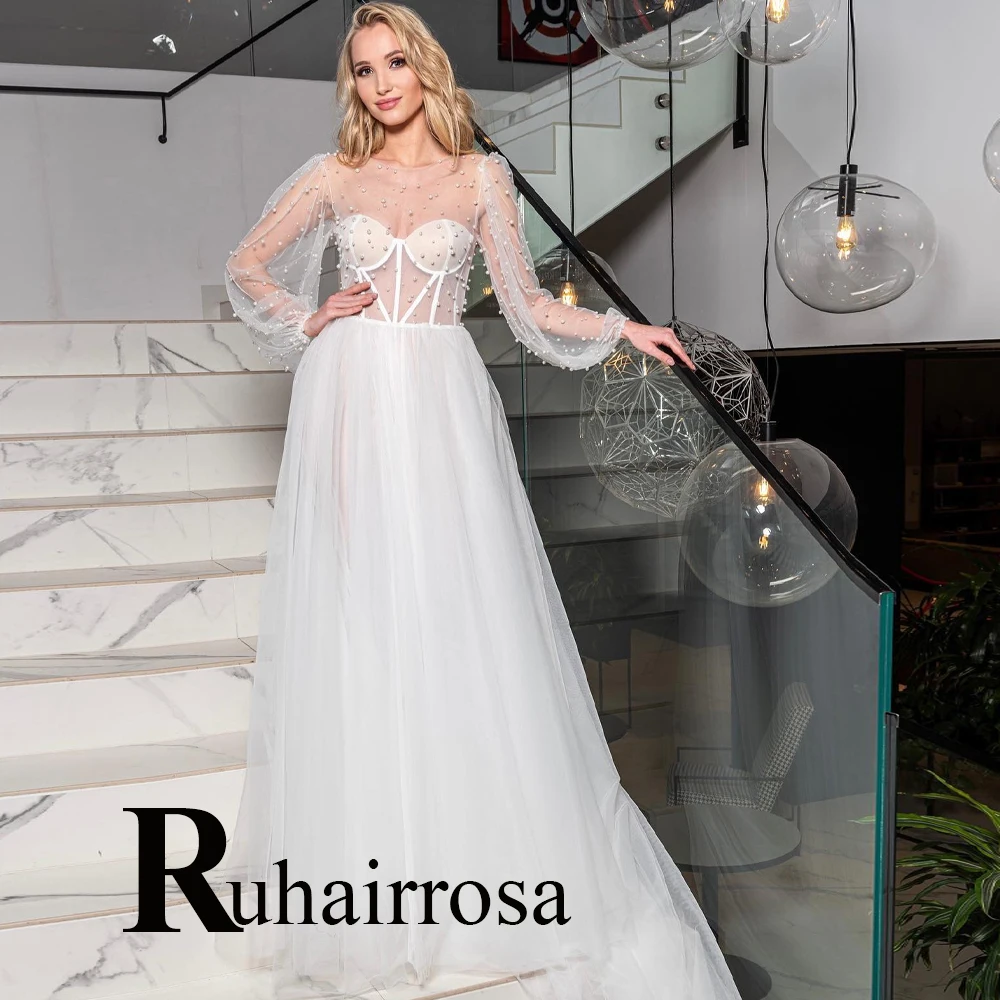 

Ruhair Charming Beadings Wedding Dresses 2024 Bride Long Puff Sleeves Illusion Tulle Made To Order Vestidos De Novia Brautmode