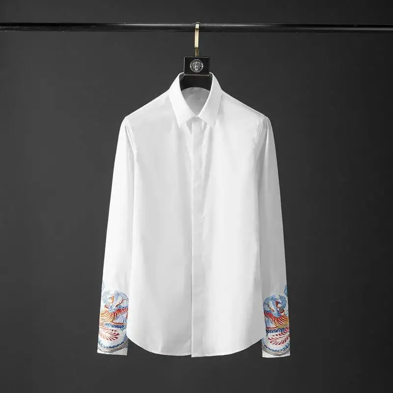 Clothes Men2022 Early Spring New Youth Square Collar Embroidery Long-Sleeved Single-Breasted Shirt Slim Casual Business Top
