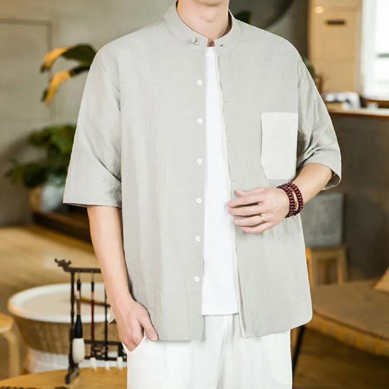 

Summer Men's Casual Cotton Linen Shirt Cardigan Loose Top Breathable T-Shirt Street Fashion Versatile Handsome Top