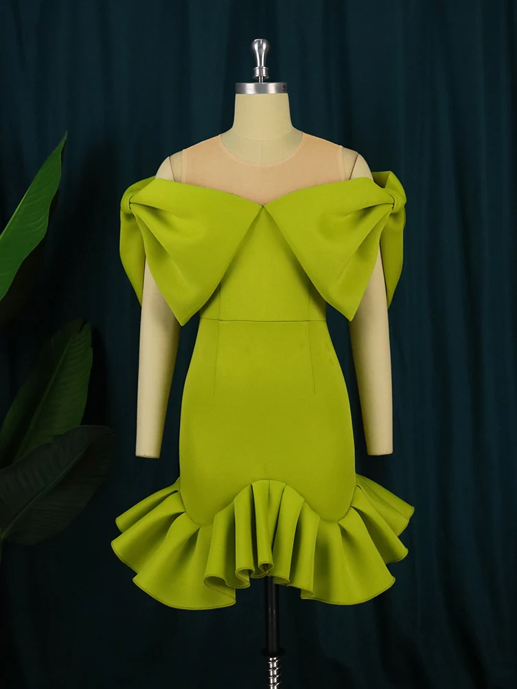 Green Evening Dresses O Neck Tulle Patchwork High Waist Ruffles Plus Size Lovely Bowtie Short Sleeve Cocktail Event Outfits 4XL