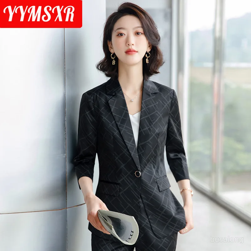 S-4XL High Quality Formal Women Suits Two Piece 2022 New Fashion Slim Fit Printed Half Sleeve Ladies Jacket Casual Ninth Pants