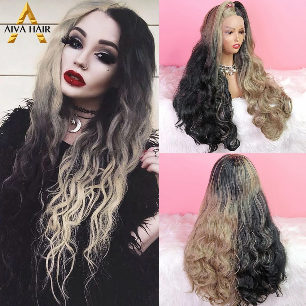 Aiva Black Synthetic Lace Wigs Long Wavy Ombre Brown Synthetic Lace Front Wig Heat Resistant Hair Cosplay Wigs For Women