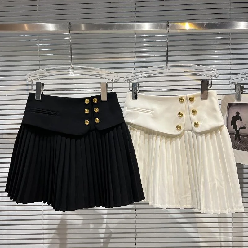 

Double Gold Button Detailed High Waist Pleated Mini Skirt Black White Spring Elegant Women Short Skirts