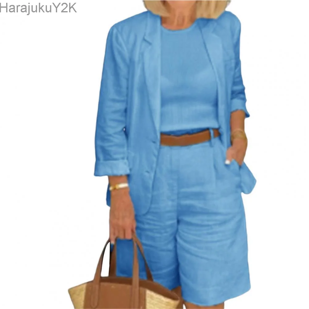 Women's Solid Long Sleeve Shirt Two Piece Set Turn Down Collar Casual Shirts Vest Lace Up Shorts Suit 2023 Autumn Lady Outfits