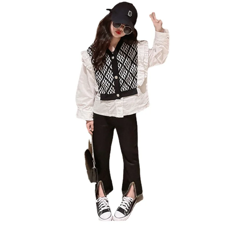 

Blouse for Girls Spring Autumn Suit Fashion New Casual Knitted Love Print Fake Two Piece Shirt + Flared Pants 2pcs Outfits 4-14Y