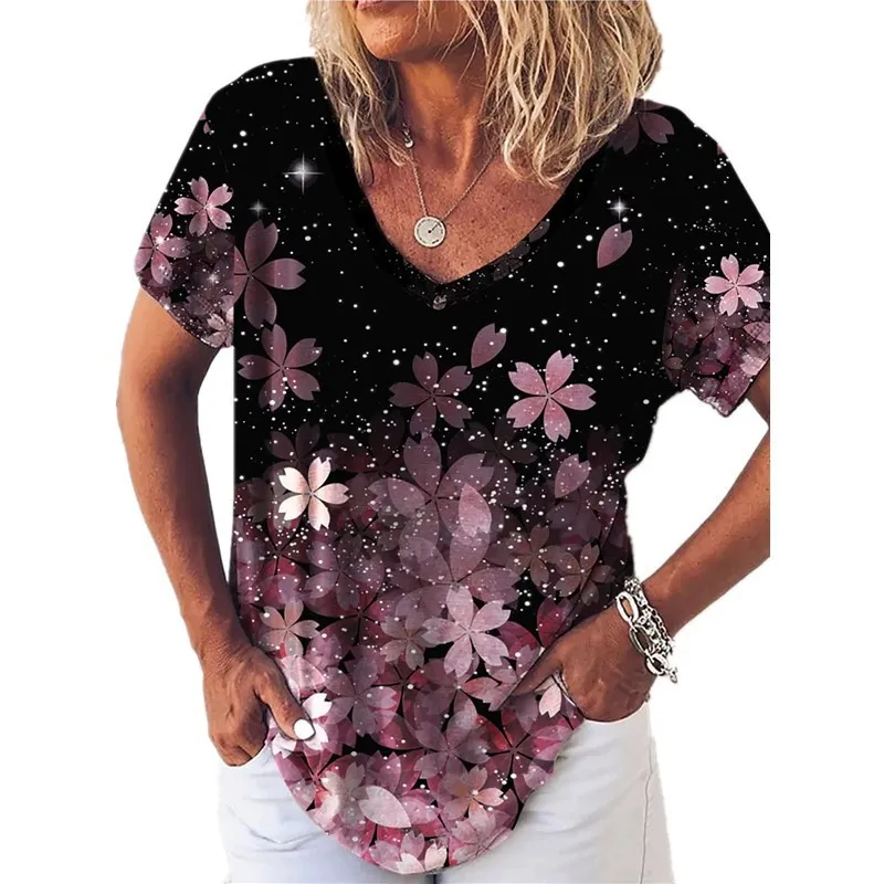 

New summer tribal floral print short-sleeved V-neck t-shirt white
