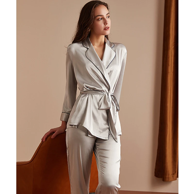 2Pcs Women Lapel Long Sleeves Pajamas Sets Robe Pant Nightwear Ice Silk Sleep Suit Ice Silk Sleep Suit Solid Color Loose Casual