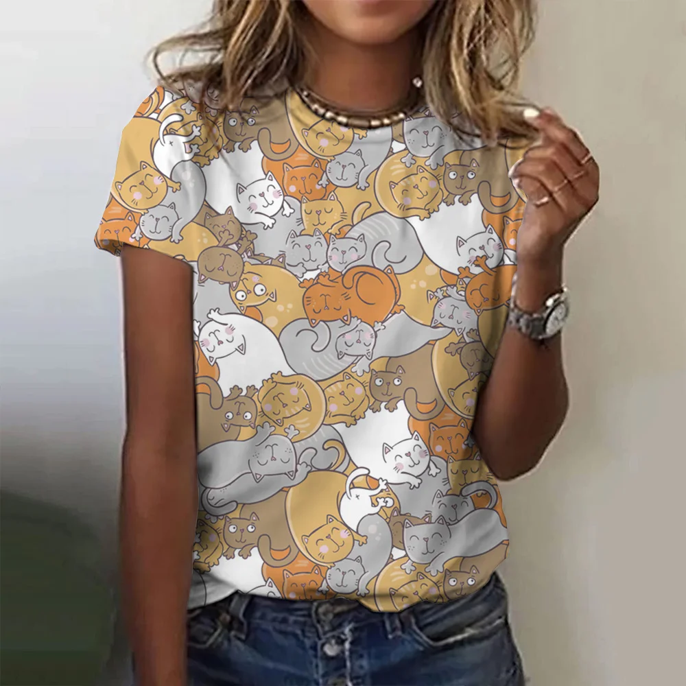 

Женские свободные топы с коротким рукавом, модные футболки с круглым вырезом и мультяшным котом, футболки с 3D-принтом, лето 2023