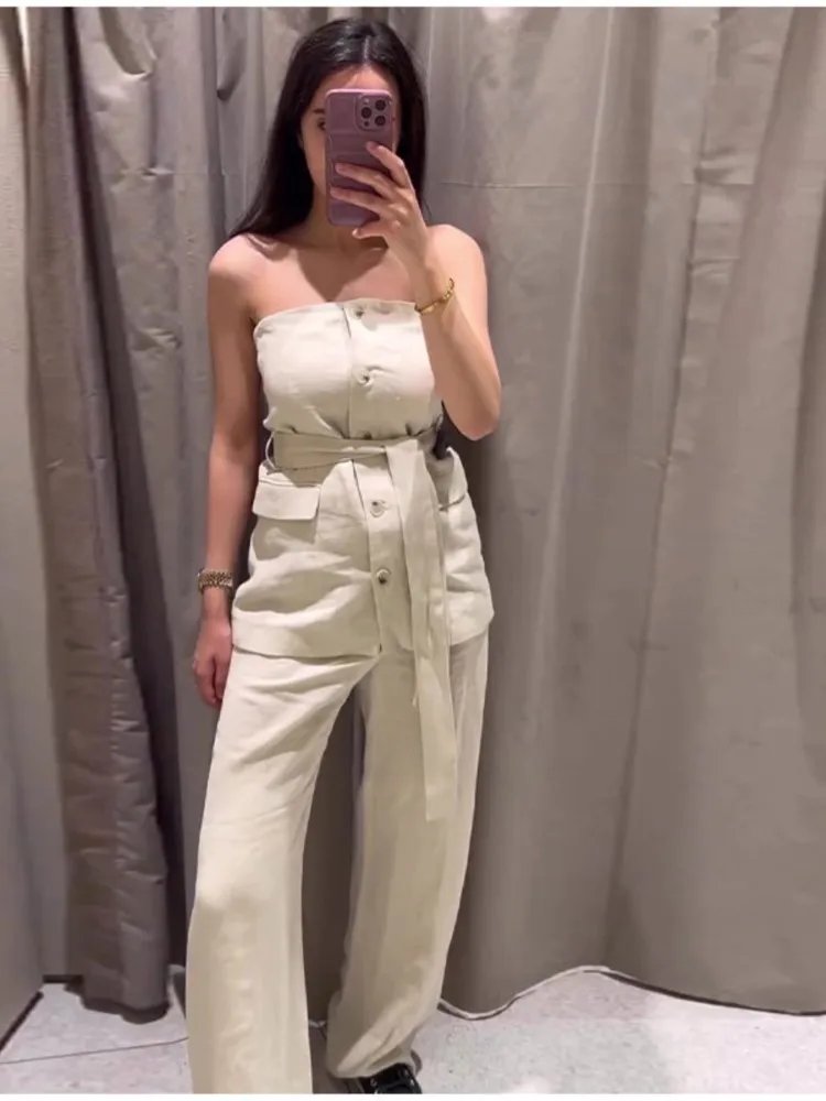 

Fashion Strapless Backless Button Top With Belt Women Suits Loose High Waist Solid Pants Sets 2023 Elegant Ladies Slim Outfits
